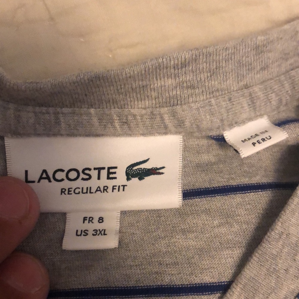 Nearly New Lacoste 3XL Grey with blue stripes t shirt - Picture 5 of 7
